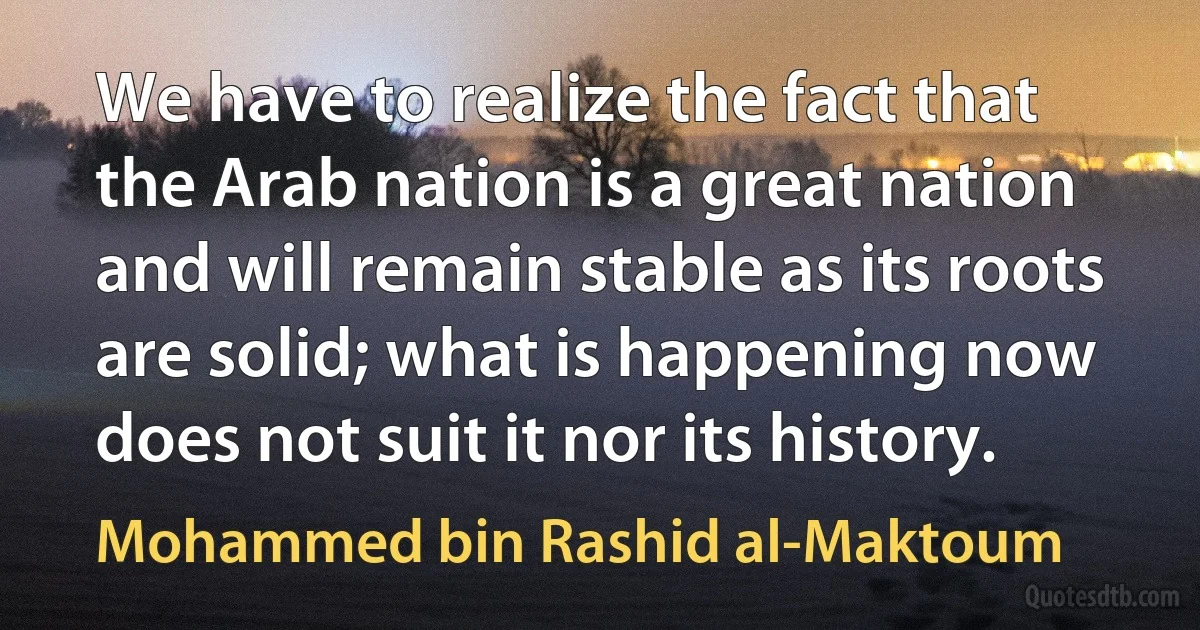 We have to realize the fact that the Arab nation is a great nation and will remain stable as its roots are solid; what is happening now does not suit it nor its history. (Mohammed bin Rashid al-Maktoum)