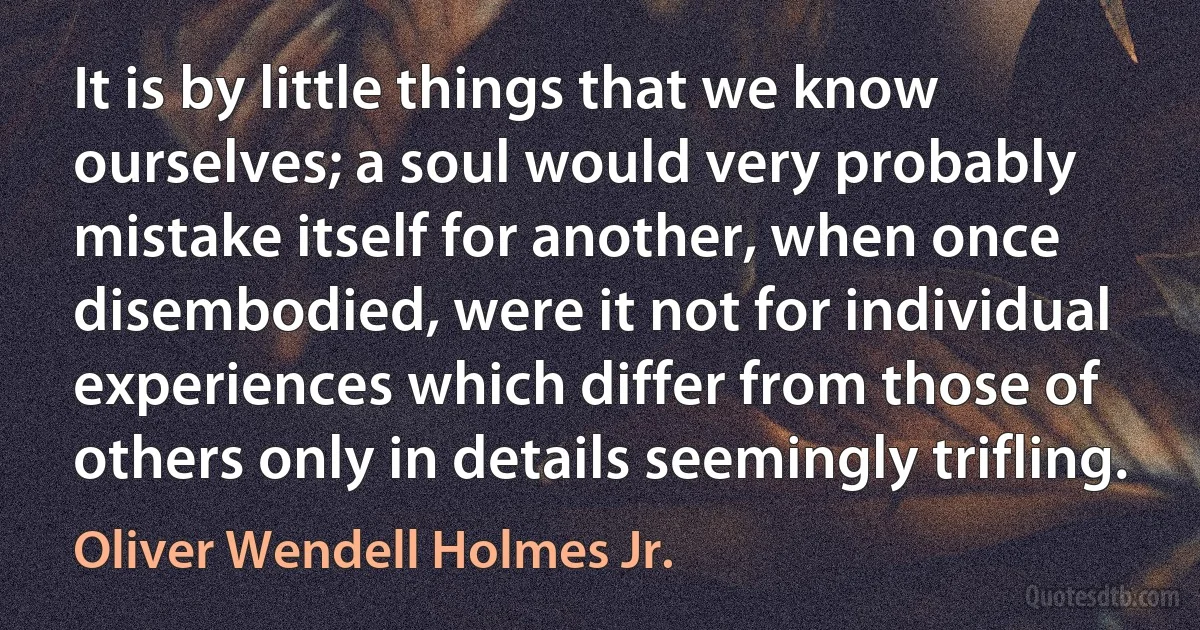 It is by little things that we know ourselves; a soul would very probably mistake itself for another, when once disembodied, were it not for individual experiences which differ from those of others only in details seemingly trifling. (Oliver Wendell Holmes Jr.)