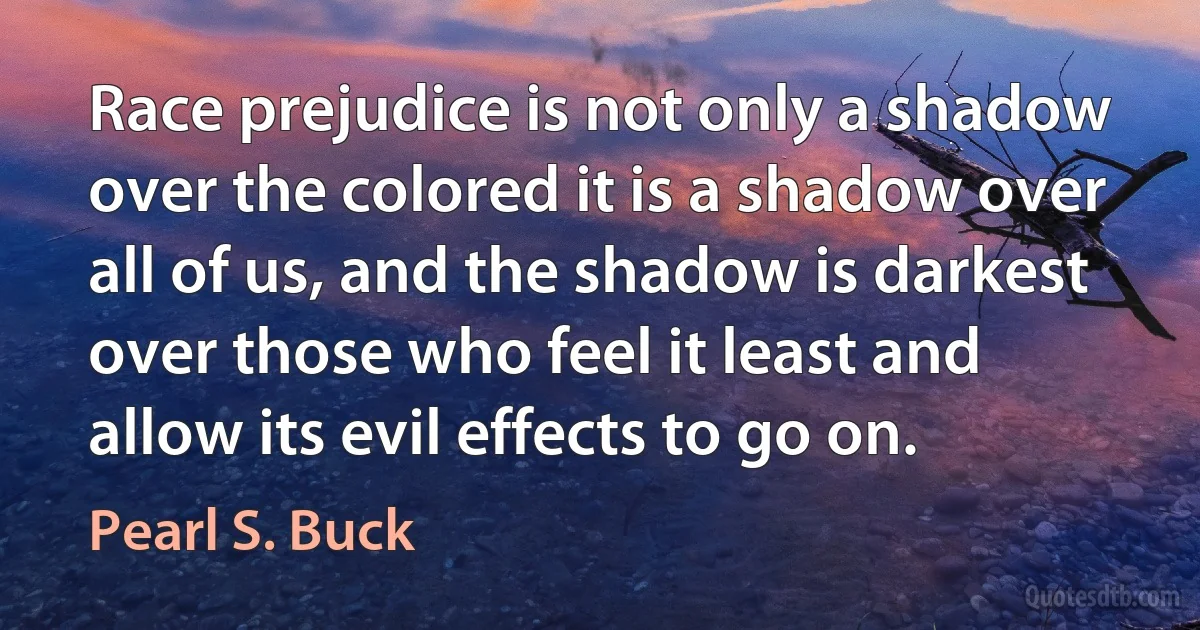 Race prejudice is not only a shadow over the colored it is a shadow over all of us, and the shadow is darkest over those who feel it least and allow its evil effects to go on. (Pearl S. Buck)