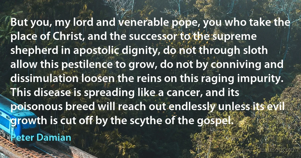 But you, my lord and venerable pope, you who take the place of Christ, and the successor to the supreme shepherd in apostolic dignity, do not through sloth allow this pestilence to grow, do not by conniving and dissimulation loosen the reins on this raging impurity. This disease is spreading like a cancer, and its poisonous breed will reach out endlessly unless its evil growth is cut off by the scythe of the gospel. (Peter Damian)