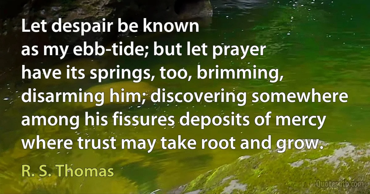 Let despair be known
as my ebb-tide; but let prayer
have its springs, too, brimming,
disarming him; discovering somewhere
among his fissures deposits of mercy
where trust may take root and grow. (R. S. Thomas)