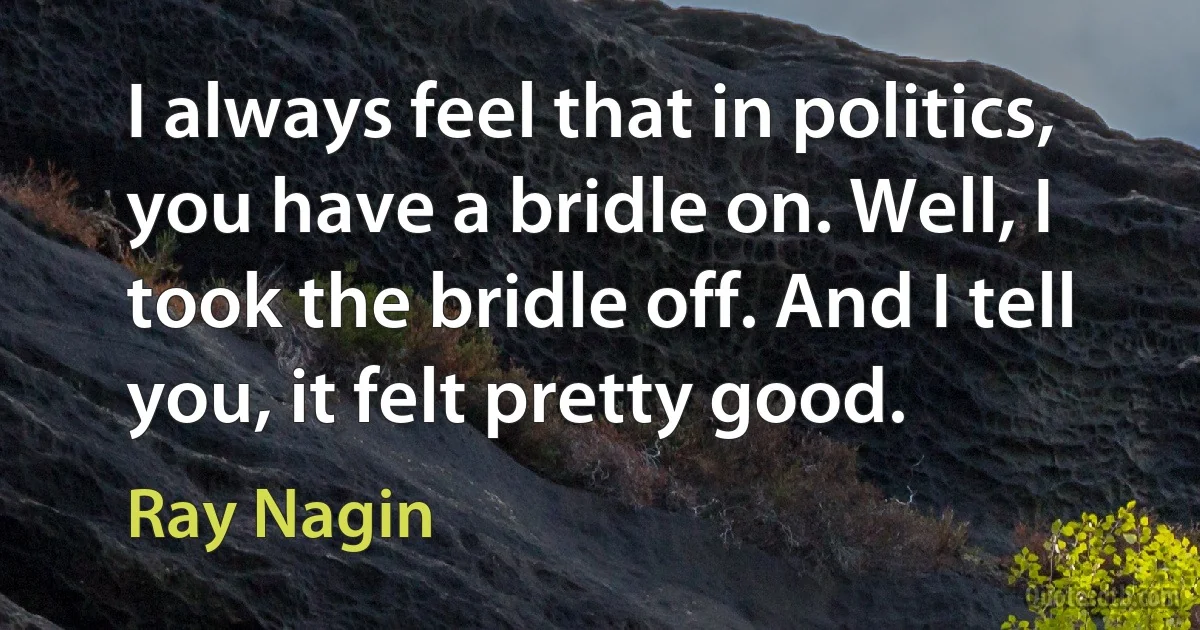 I always feel that in politics, you have a bridle on. Well, I took the bridle off. And I tell you, it felt pretty good. (Ray Nagin)