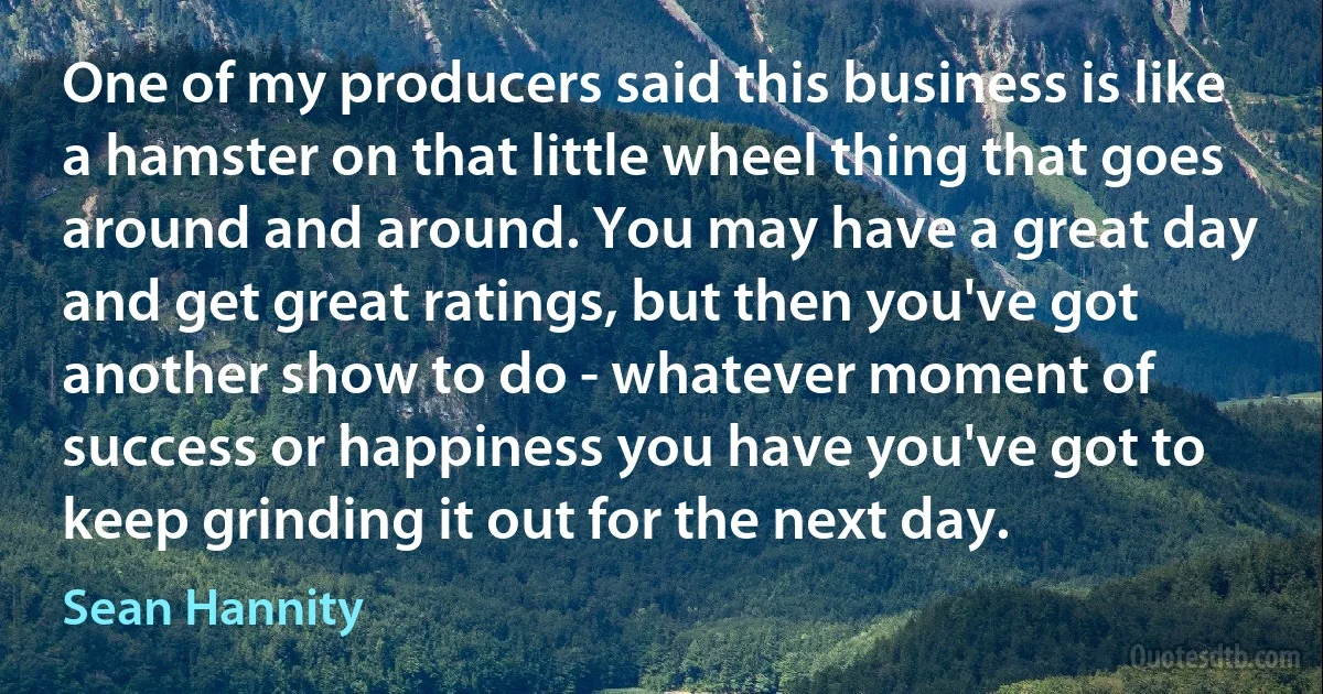 One of my producers said this business is like a hamster on that little wheel thing that goes around and around. You may have a great day and get great ratings, but then you've got another show to do - whatever moment of success or happiness you have you've got to keep grinding it out for the next day. (Sean Hannity)