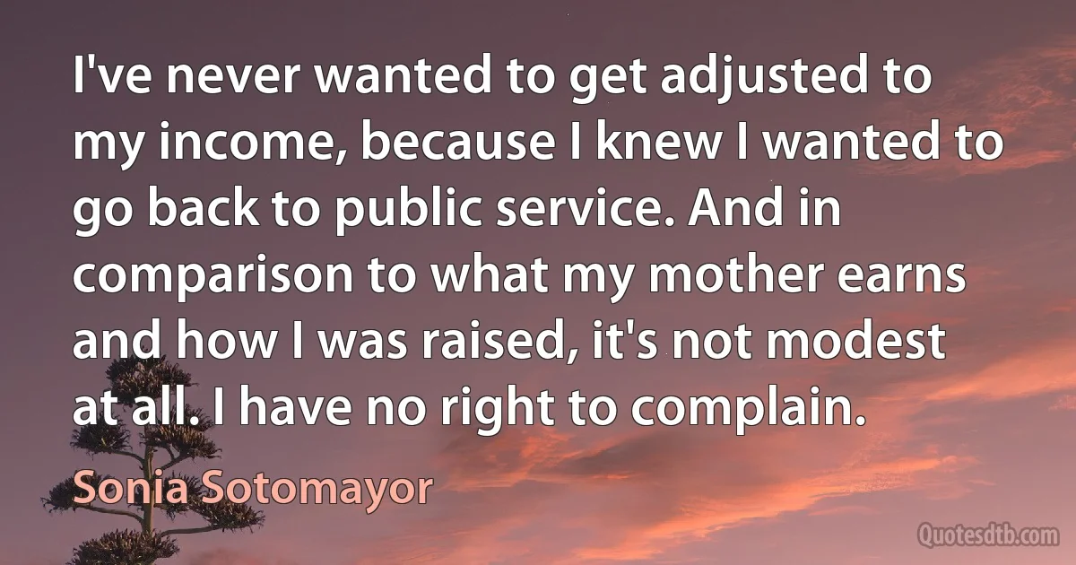 I've never wanted to get adjusted to my income, because I knew I wanted to go back to public service. And in comparison to what my mother earns and how I was raised, it's not modest at all. I have no right to complain. (Sonia Sotomayor)