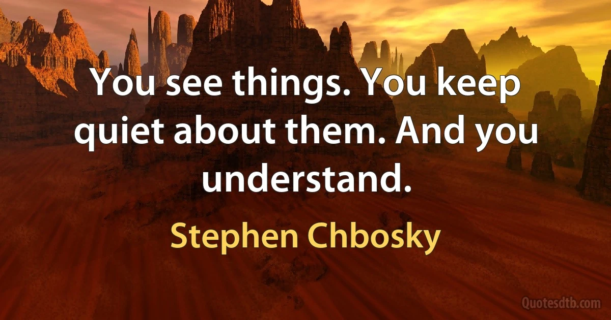 You see things. You keep quiet about them. And you understand. (Stephen Chbosky)