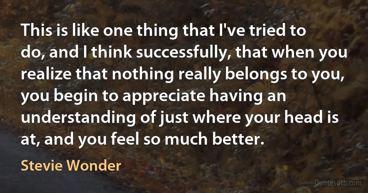 This is like one thing that I've tried to do, and I think successfully, that when you realize that nothing really belongs to you, you begin to appreciate having an understanding of just where your head is at, and you feel so much better. (Stevie Wonder)