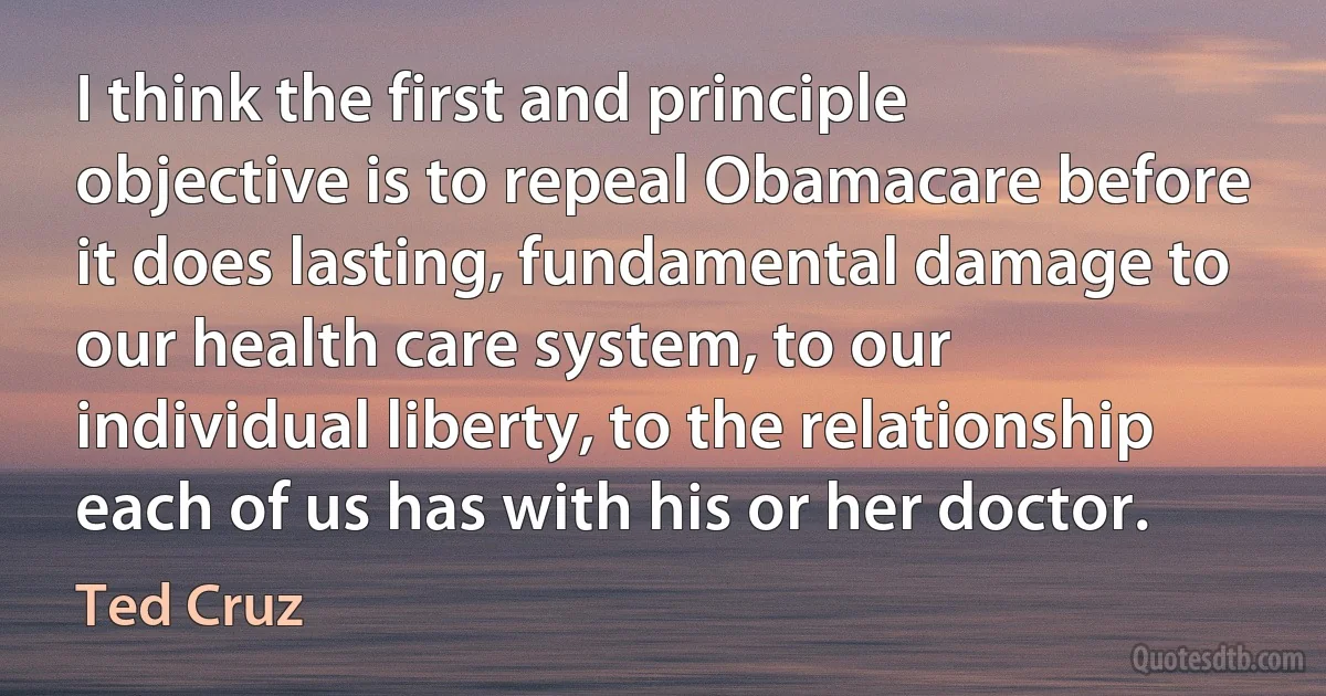 I think the first and principle objective is to repeal Obamacare before it does lasting, fundamental damage to our health care system, to our individual liberty, to the relationship each of us has with his or her doctor. (Ted Cruz)