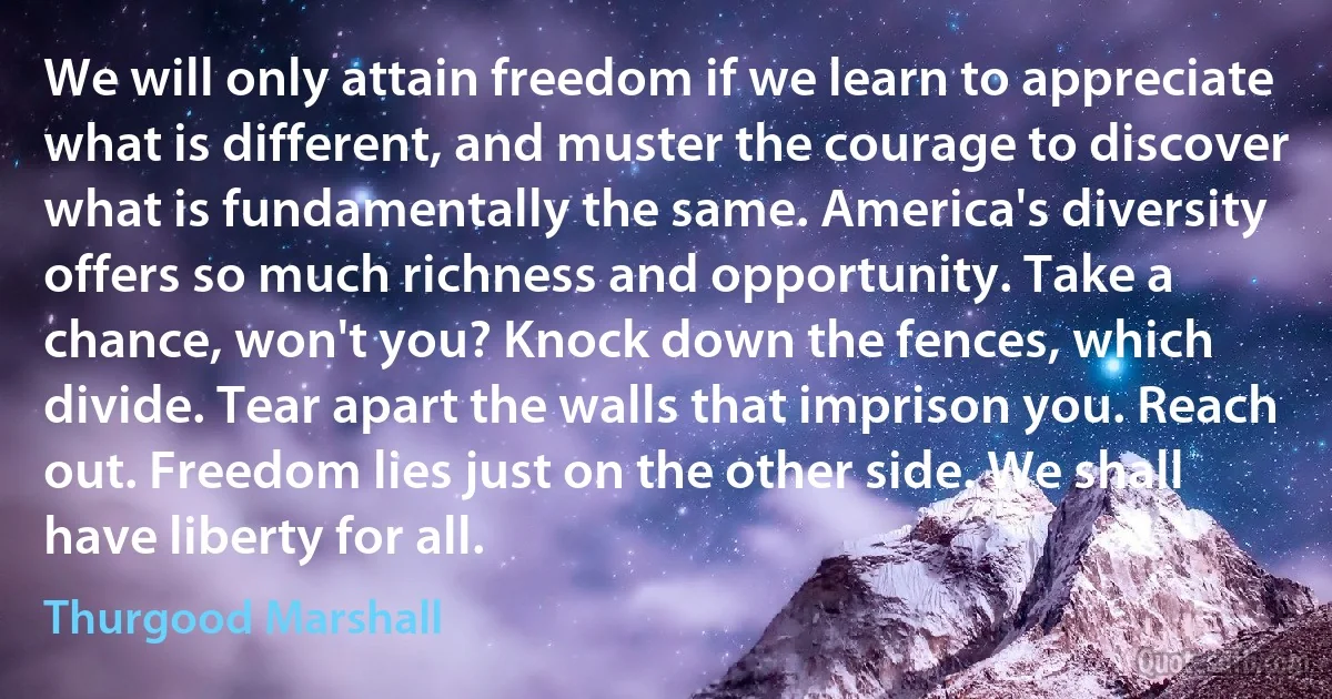 We will only attain freedom if we learn to appreciate what is different, and muster the courage to discover what is fundamentally the same. America's diversity offers so much richness and opportunity. Take a chance, won't you? Knock down the fences, which divide. Tear apart the walls that imprison you. Reach out. Freedom lies just on the other side. We shall have liberty for all. (Thurgood Marshall)