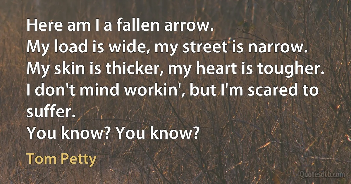 Here am I a fallen arrow.
My load is wide, my street is narrow.
My skin is thicker, my heart is tougher.
I don't mind workin', but I'm scared to suffer.
You know? You know? (Tom Petty)