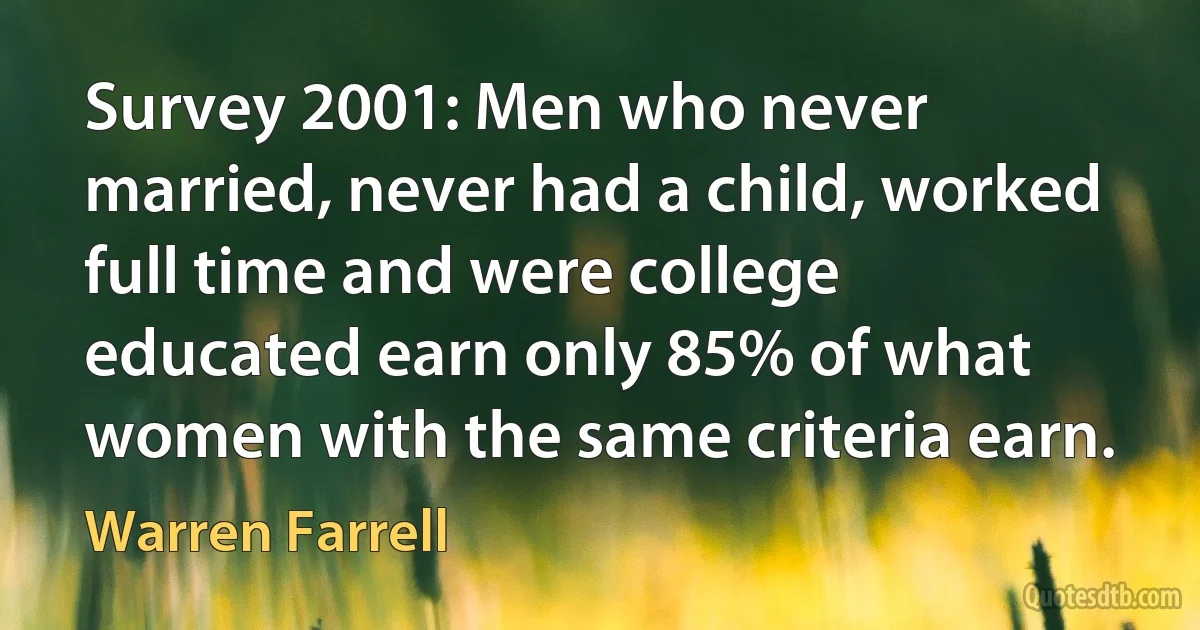 Survey 2001: Men who never married, never had a child, worked full time and were college educated earn only 85% of what women with the same criteria earn. (Warren Farrell)