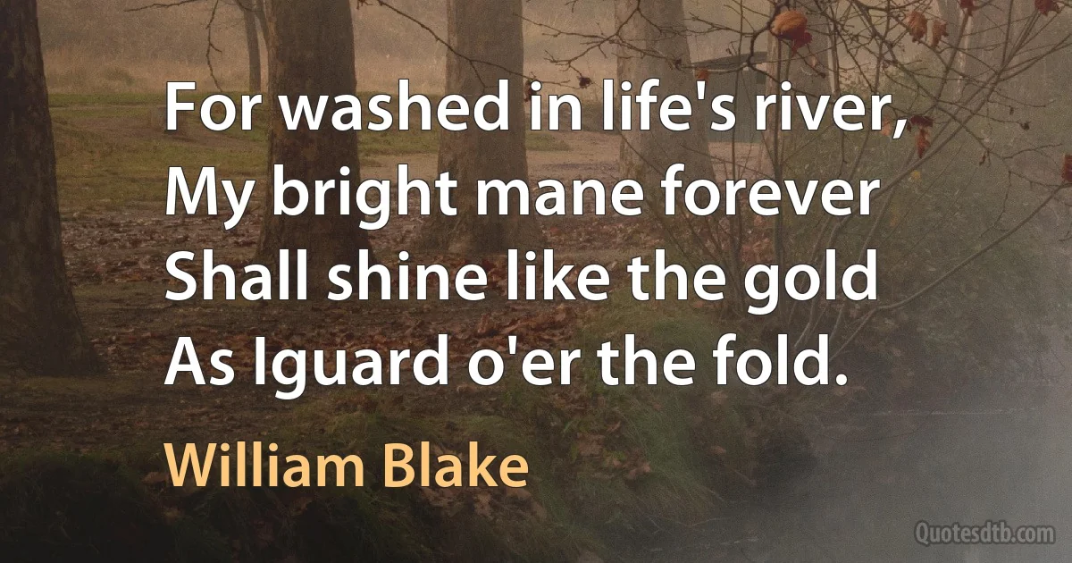 For washed in life's river,
My bright mane forever
Shall shine like the gold
As Iguard o'er the fold. (William Blake)