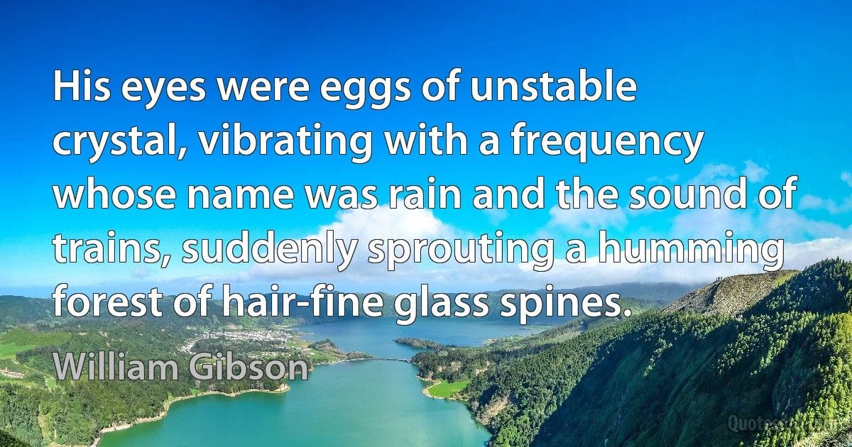 His eyes were eggs of unstable crystal, vibrating with a frequency whose name was rain and the sound of trains, suddenly sprouting a humming forest of hair-fine glass spines. (William Gibson)