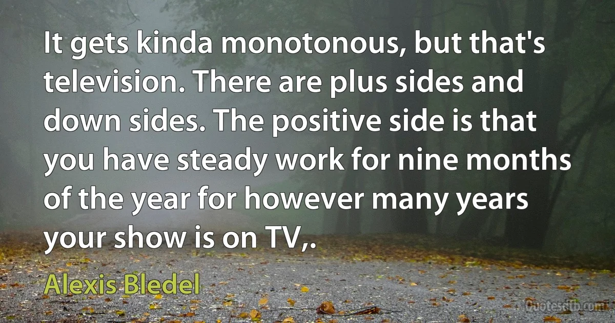 It gets kinda monotonous, but that's television. There are plus sides and down sides. The positive side is that you have steady work for nine months of the year for however many years your show is on TV,. (Alexis Bledel)