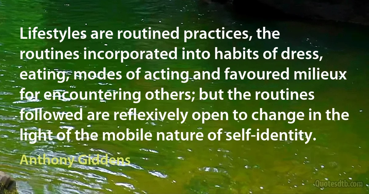 Lifestyles are routined practices, the routines incorporated into habits of dress, eating, modes of acting and favoured milieux for encountering others; but the routines followed are reflexively open to change in the light of the mobile nature of self-identity. (Anthony Giddens)