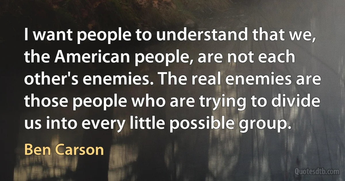 I want people to understand that we, the American people, are not each other's enemies. The real enemies are those people who are trying to divide us into every little possible group. (Ben Carson)