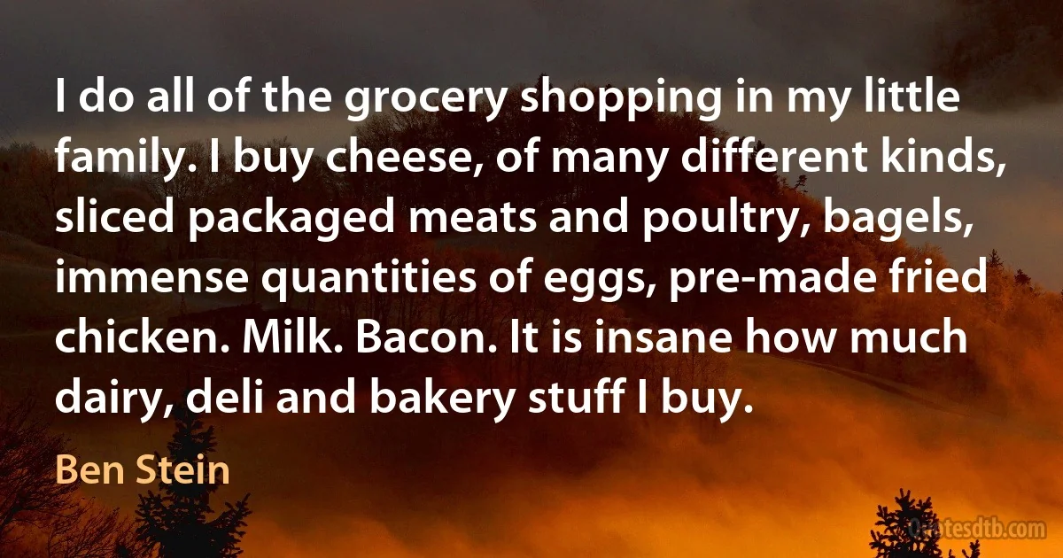 I do all of the grocery shopping in my little family. I buy cheese, of many different kinds, sliced packaged meats and poultry, bagels, immense quantities of eggs, pre-made fried chicken. Milk. Bacon. It is insane how much dairy, deli and bakery stuff I buy. (Ben Stein)