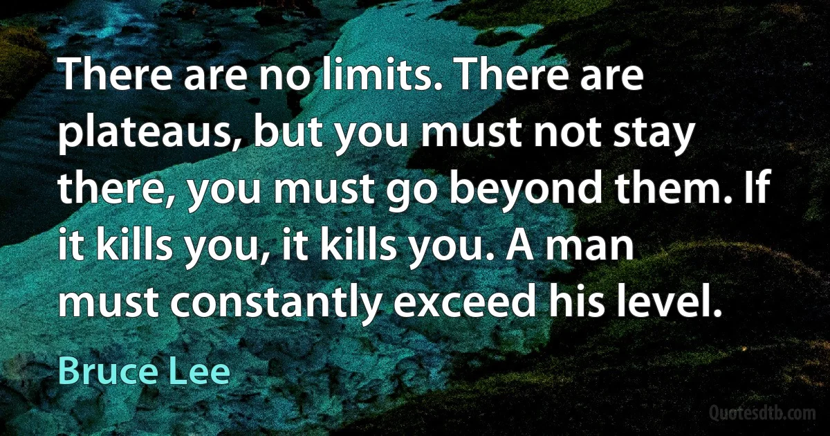 There are no limits. There are plateaus, but you must not stay there, you must go beyond them. If it kills you, it kills you. A man must constantly exceed his level. (Bruce Lee)