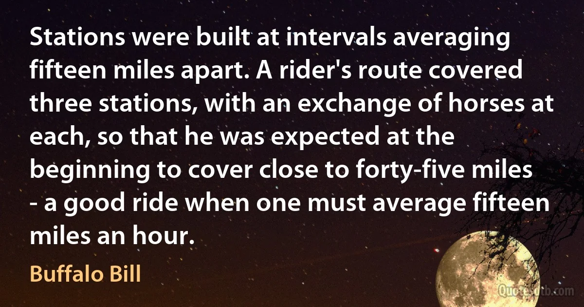 Stations were built at intervals averaging fifteen miles apart. A rider's route covered three stations, with an exchange of horses at each, so that he was expected at the beginning to cover close to forty-five miles - a good ride when one must average fifteen miles an hour. (Buffalo Bill)