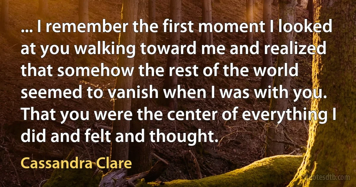 ... I remember the first moment I looked at you walking toward me and realized that somehow the rest of the world seemed to vanish when I was with you. That you were the center of everything I did and felt and thought. (Cassandra Clare)