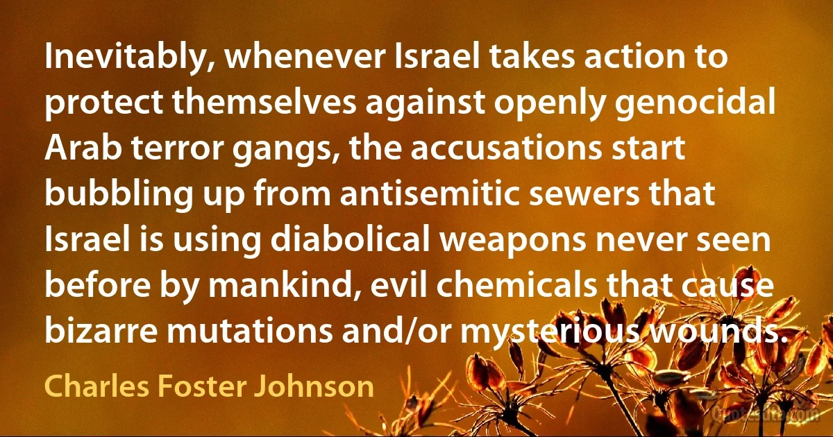 Inevitably, whenever Israel takes action to protect themselves against openly genocidal Arab terror gangs, the accusations start bubbling up from antisemitic sewers that Israel is using diabolical weapons never seen before by mankind, evil chemicals that cause bizarre mutations and/or mysterious wounds. (Charles Foster Johnson)