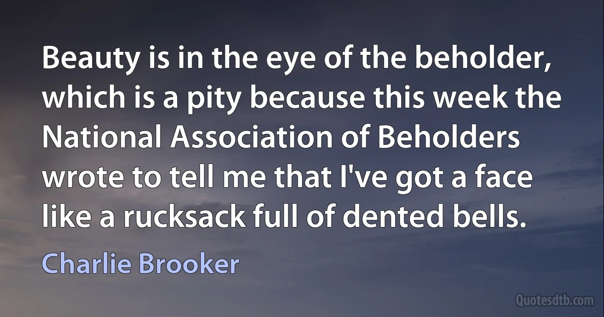 Beauty is in the eye of the beholder, which is a pity because this week the National Association of Beholders wrote to tell me that I've got a face like a rucksack full of dented bells. (Charlie Brooker)