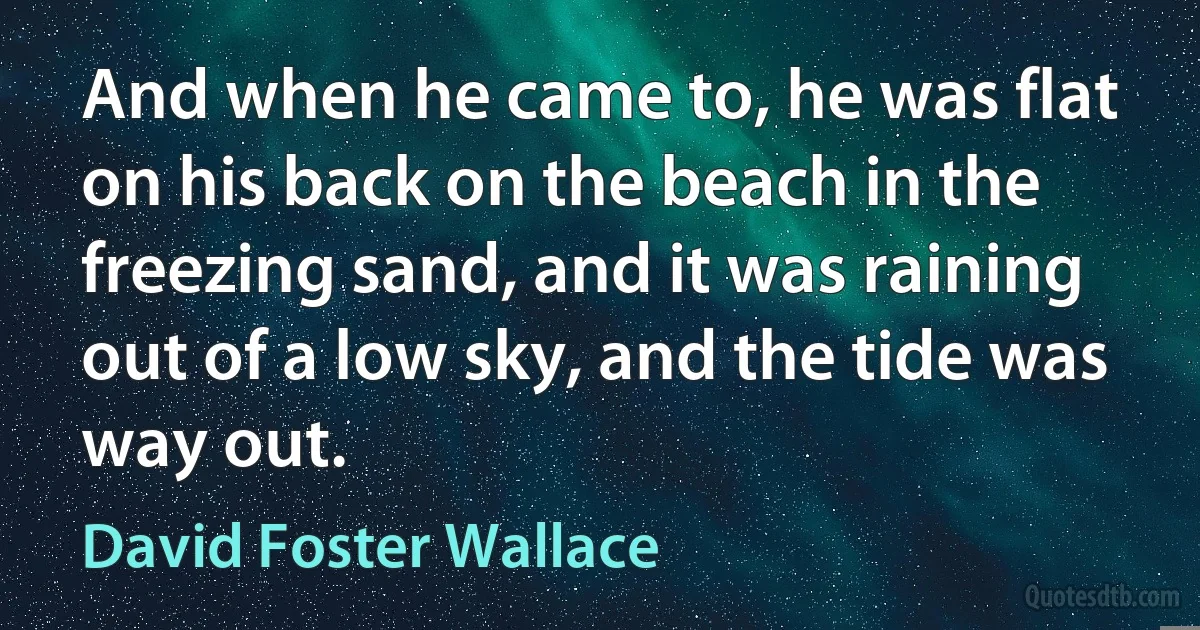 And when he came to, he was flat on his back on the beach in the freezing sand, and it was raining out of a low sky, and the tide was way out. (David Foster Wallace)