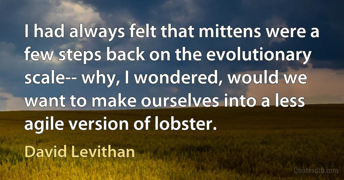 I had always felt that mittens were a few steps back on the evolutionary scale-- why, I wondered, would we want to make ourselves into a less agile version of lobster. (David Levithan)