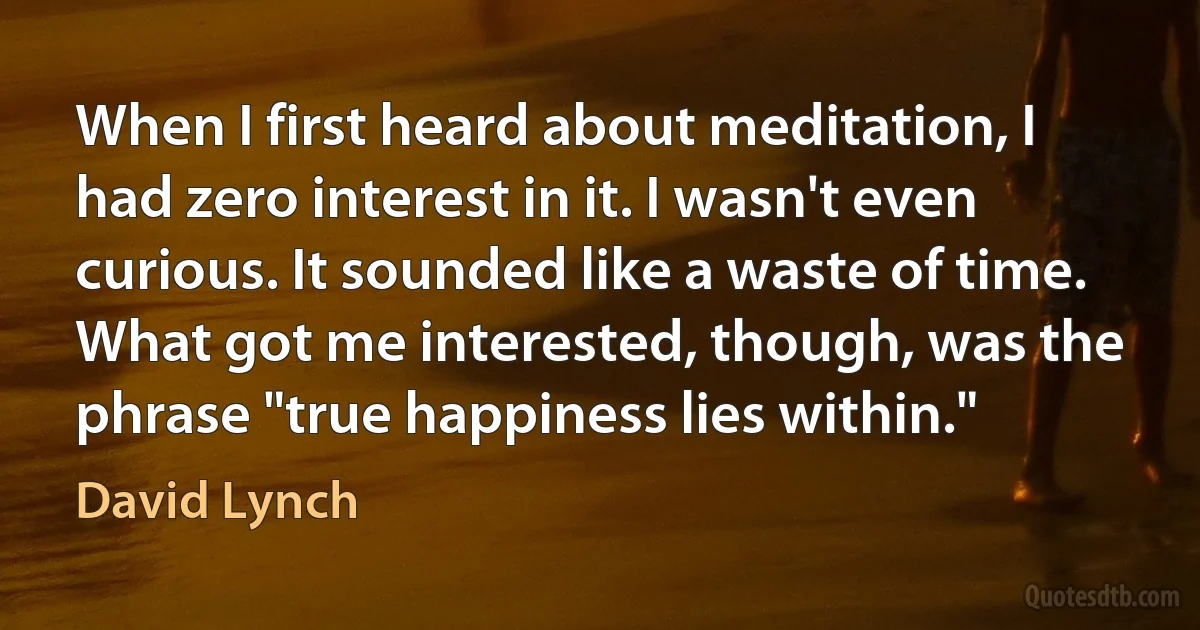 When I first heard about meditation, I had zero interest in it. I wasn't even curious. It sounded like a waste of time.
What got me interested, though, was the phrase "true happiness lies within." (David Lynch)