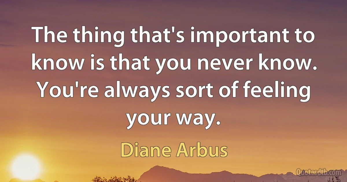 The thing that's important to know is that you never know. You're always sort of feeling your way. (Diane Arbus)