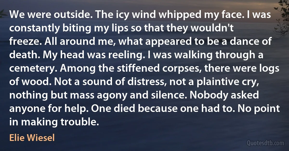 We were outside. The icy wind whipped my face. I was constantly biting my lips so that they wouldn't freeze. All around me, what appeared to be a dance of death. My head was reeling. I was walking through a cemetery. Among the stiffened corpses, there were logs of wood. Not a sound of distress, not a plaintive cry, nothing but mass agony and silence. Nobody asked anyone for help. One died because one had to. No point in making trouble. (Elie Wiesel)