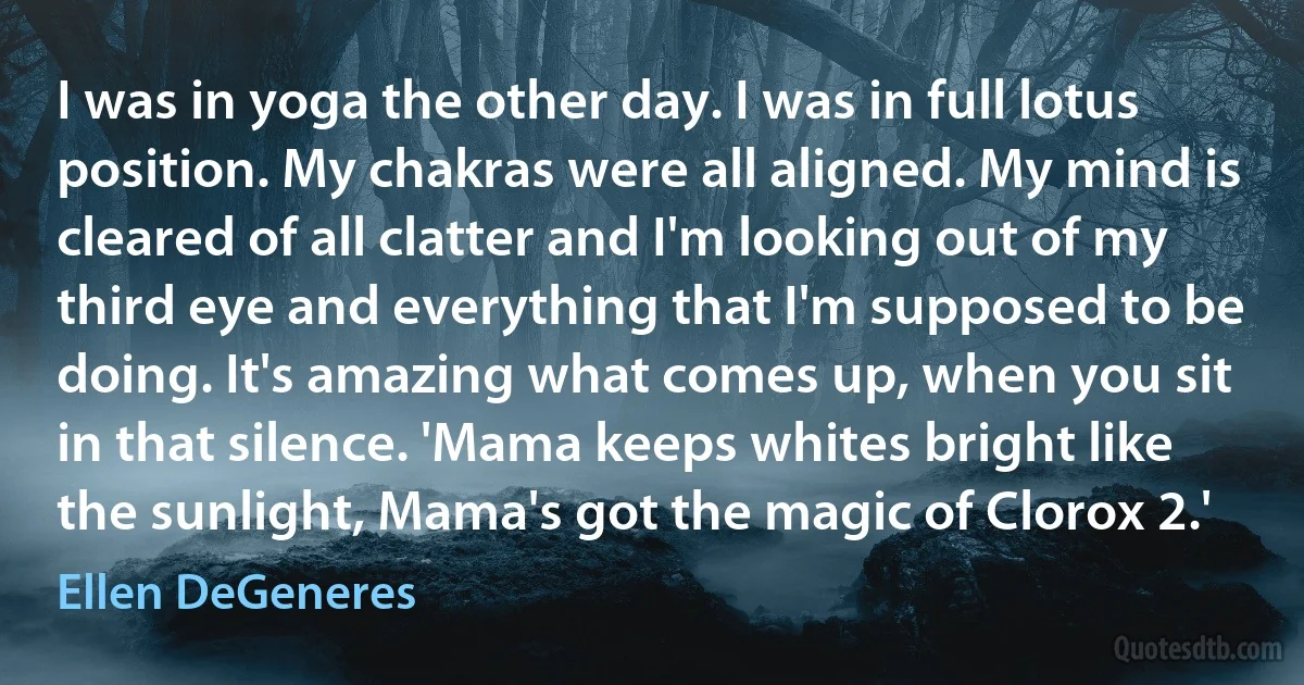 I was in yoga the other day. I was in full lotus position. My chakras were all aligned. My mind is cleared of all clatter and I'm looking out of my third eye and everything that I'm supposed to be doing. It's amazing what comes up, when you sit in that silence. 'Mama keeps whites bright like the sunlight, Mama's got the magic of Clorox 2.' (Ellen DeGeneres)