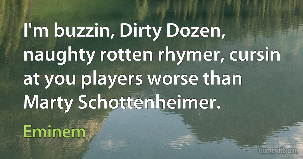 I'm buzzin, Dirty Dozen, naughty rotten rhymer, cursin at you players worse than Marty Schottenheimer. (Eminem)