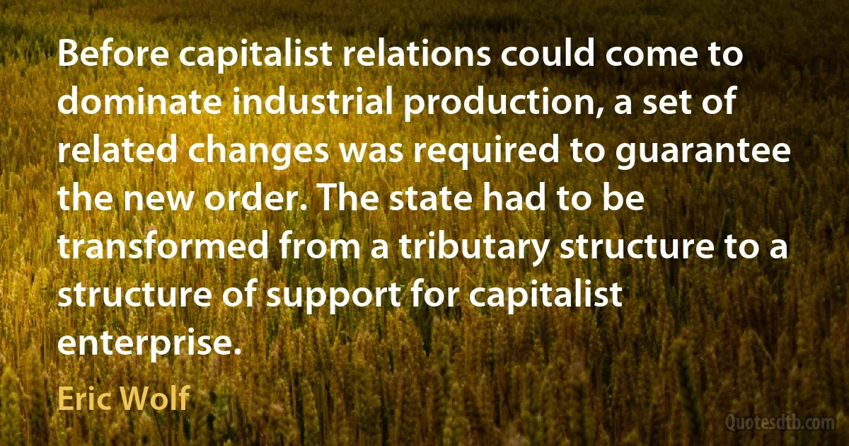 Before capitalist relations could come to dominate industrial production, a set of related changes was required to guarantee the new order. The state had to be transformed from a tributary structure to a structure of support for capitalist enterprise. (Eric Wolf)