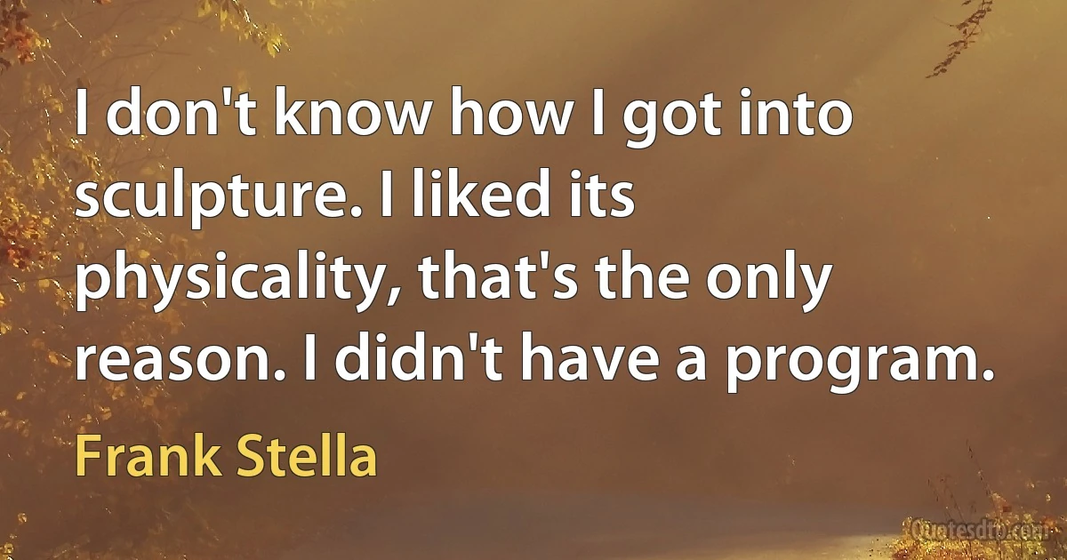 I don't know how I got into sculpture. I liked its physicality, that's the only reason. I didn't have a program. (Frank Stella)