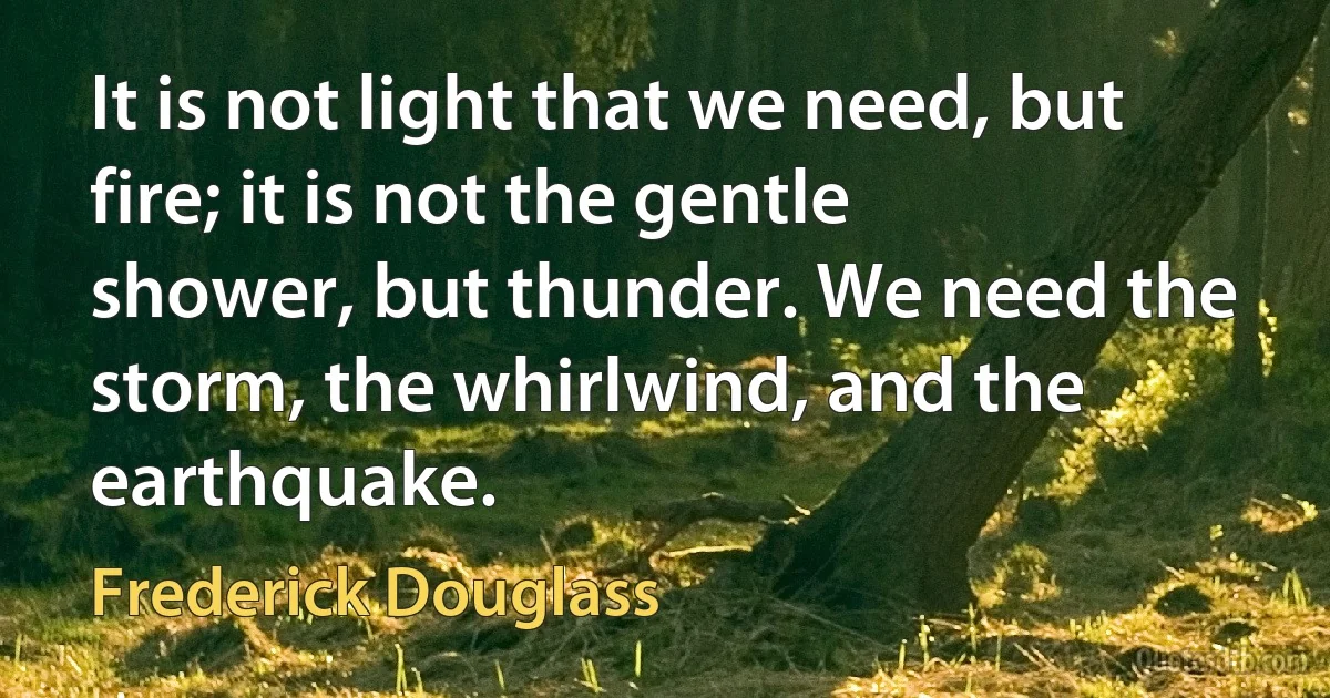 It is not light that we need, but fire; it is not the gentle shower, but thunder. We need the storm, the whirlwind, and the earthquake. (Frederick Douglass)