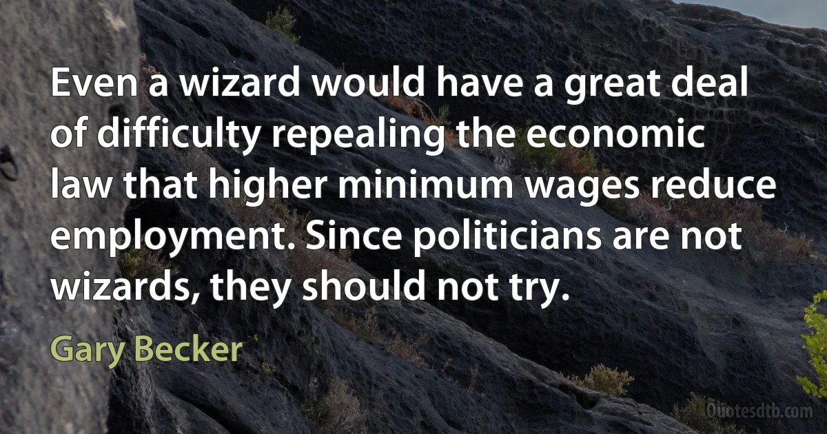 Even a wizard would have a great deal of difficulty repealing the economic law that higher minimum wages reduce employment. Since politicians are not wizards, they should not try. (Gary Becker)