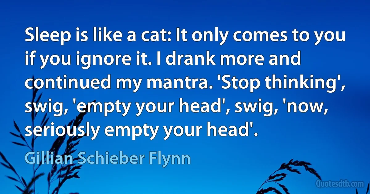 Sleep is like a cat: It only comes to you if you ignore it. I drank more and continued my mantra. 'Stop thinking', swig, 'empty your head', swig, 'now, seriously empty your head'. (Gillian Schieber Flynn)