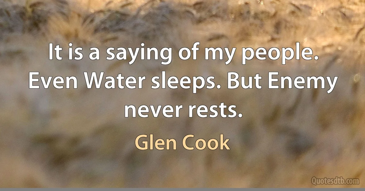 It is a saying of my people. Even Water sleeps. But Enemy never rests. (Glen Cook)