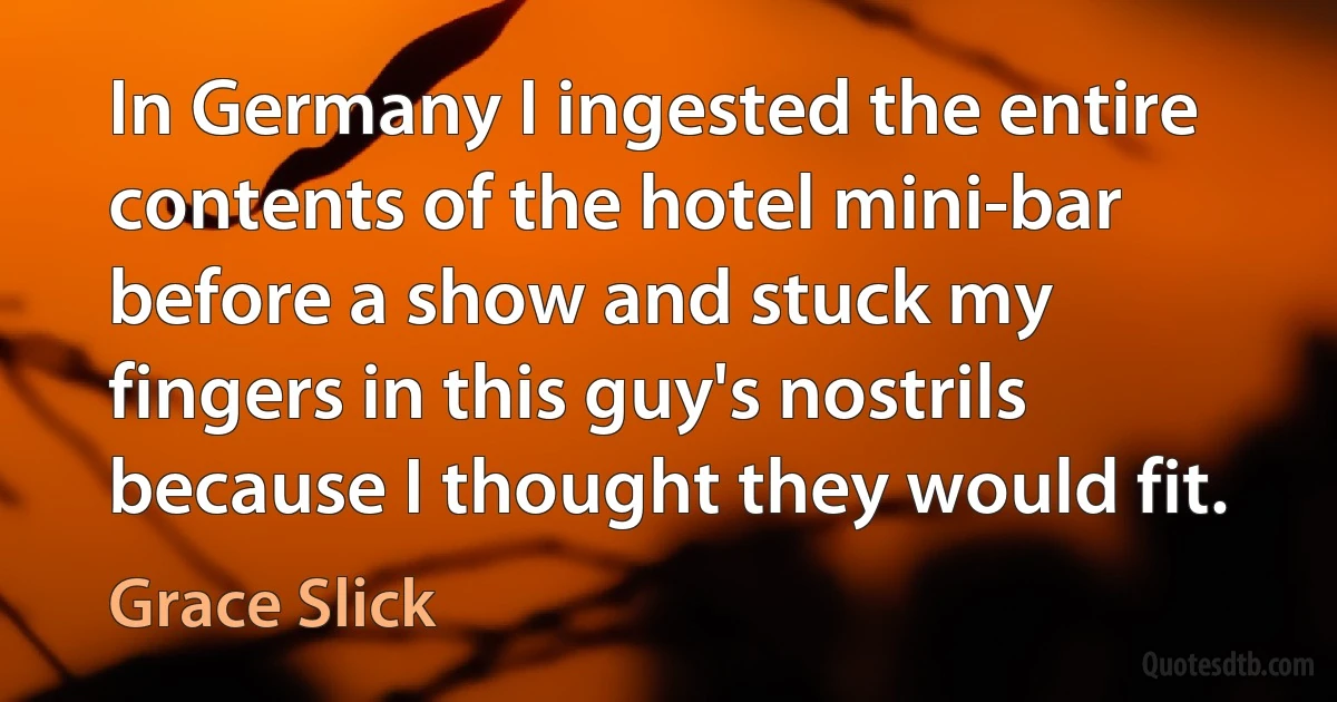 In Germany I ingested the entire contents of the hotel mini-bar before a show and stuck my fingers in this guy's nostrils because I thought they would fit. (Grace Slick)