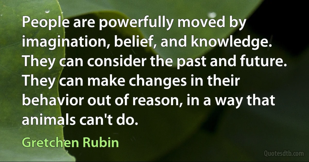 People are powerfully moved by imagination, belief, and knowledge. They can consider the past and future. They can make changes in their behavior out of reason, in a way that animals can't do. (Gretchen Rubin)