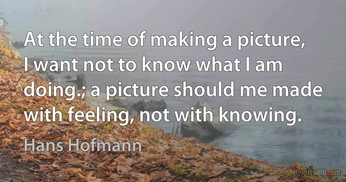 At the time of making a picture, I want not to know what I am doing.; a picture should me made with feeling, not with knowing. (Hans Hofmann)