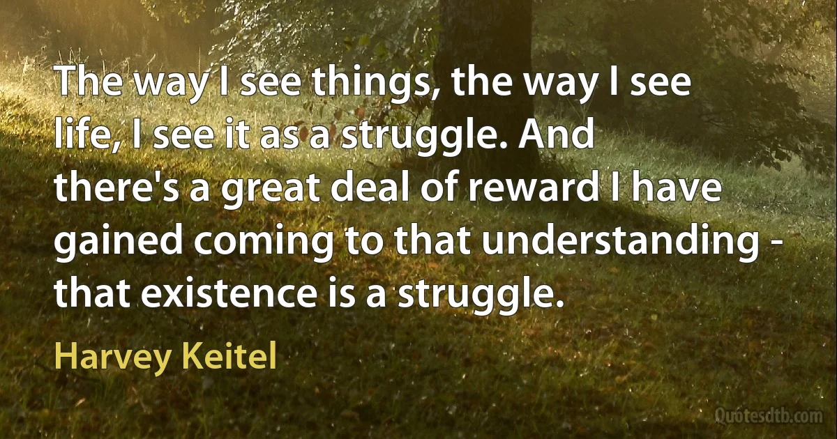 The way I see things, the way I see life, I see it as a struggle. And there's a great deal of reward I have gained coming to that understanding - that existence is a struggle. (Harvey Keitel)