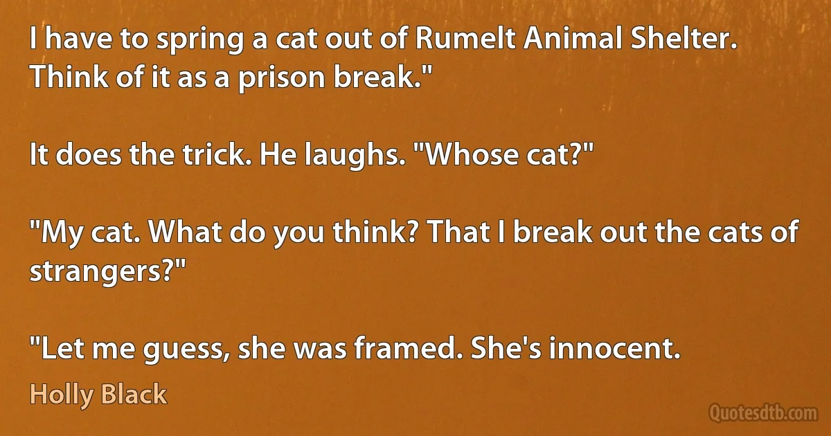 I have to spring a cat out of Rumelt Animal Shelter. Think of it as a prison break."

It does the trick. He laughs. "Whose cat?"

"My cat. What do you think? That I break out the cats of strangers?"

"Let me guess, she was framed. She's innocent. (Holly Black)