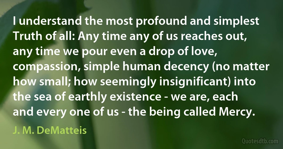 I understand the most profound and simplest Truth of all: Any time any of us reaches out, any time we pour even a drop of love, compassion, simple human decency (no matter how small; how seemingly insignificant) into the sea of earthly existence - we are, each and every one of us - the being called Mercy. (J. M. DeMatteis)