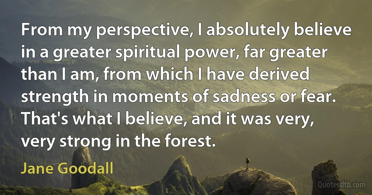 From my perspective, I absolutely believe in a greater spiritual power, far greater than I am, from which I have derived strength in moments of sadness or fear. That's what I believe, and it was very, very strong in the forest. (Jane Goodall)