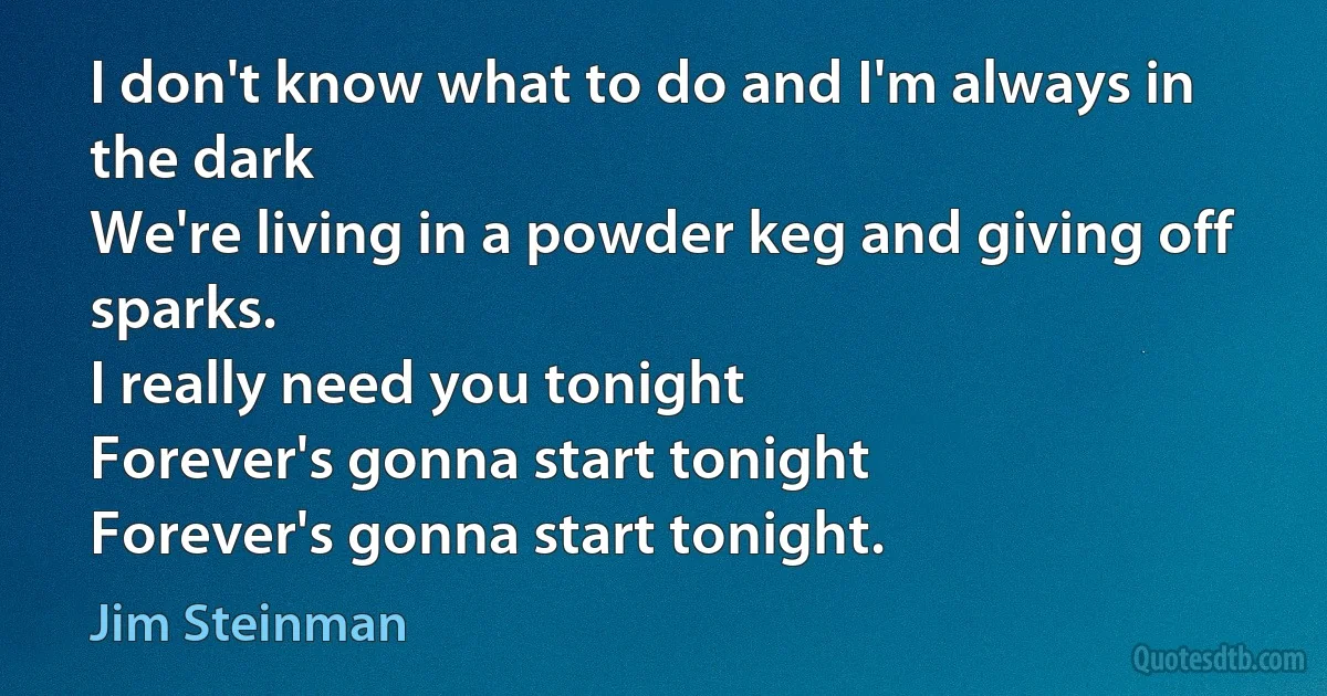 I don't know what to do and I'm always in the dark
We're living in a powder keg and giving off sparks.
I really need you tonight
Forever's gonna start tonight
Forever's gonna start tonight. (Jim Steinman)