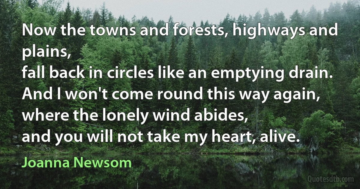 Now the towns and forests, highways and plains,
fall back in circles like an emptying drain.
And I won't come round this way again,
where the lonely wind abides,
and you will not take my heart, alive. (Joanna Newsom)