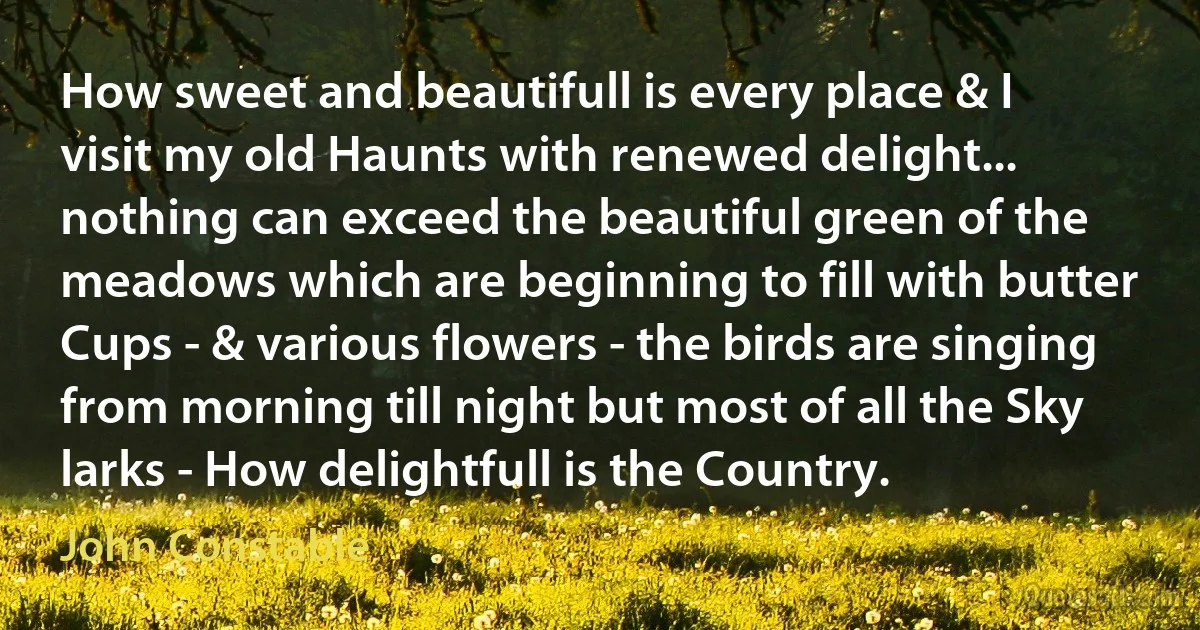 How sweet and beautifull is every place & I visit my old Haunts with renewed delight... nothing can exceed the beautiful green of the meadows which are beginning to fill with butter Cups - & various flowers - the birds are singing from morning till night but most of all the Sky larks - How delightfull is the Country. (John Constable)