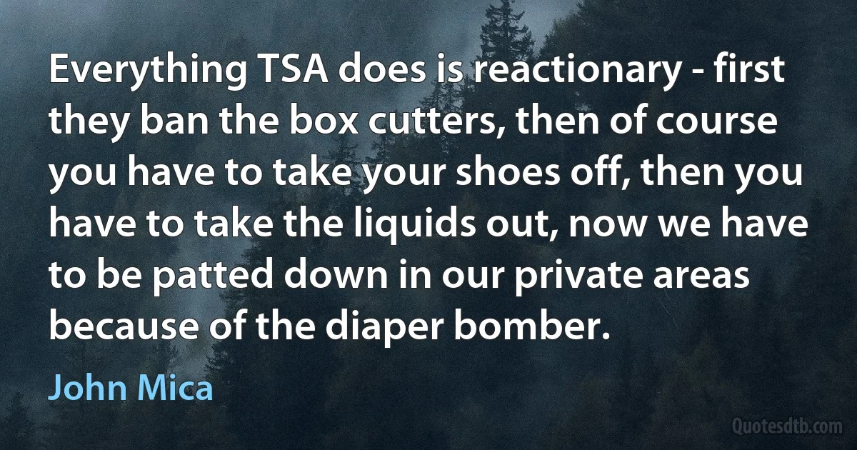 Everything TSA does is reactionary - first they ban the box cutters, then of course you have to take your shoes off, then you have to take the liquids out, now we have to be patted down in our private areas because of the diaper bomber. (John Mica)