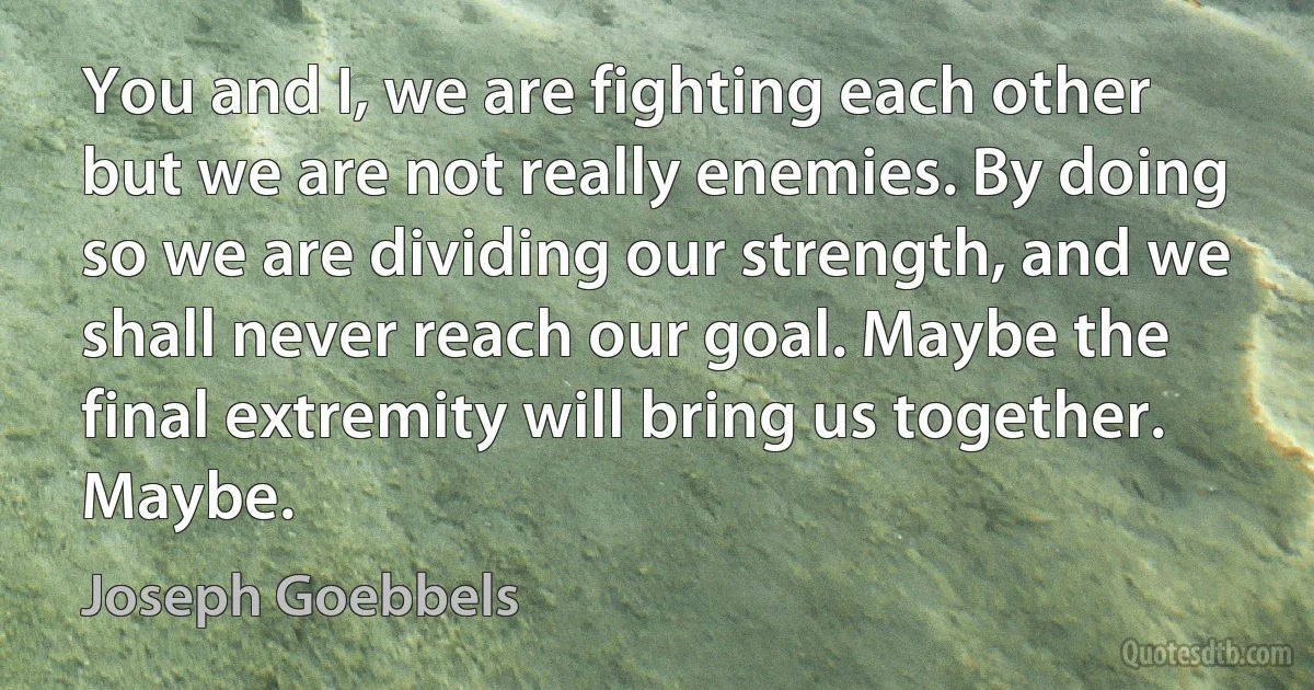 You and I, we are fighting each other but we are not really enemies. By doing so we are dividing our strength, and we shall never reach our goal. Maybe the final extremity will bring us together. Maybe. (Joseph Goebbels)